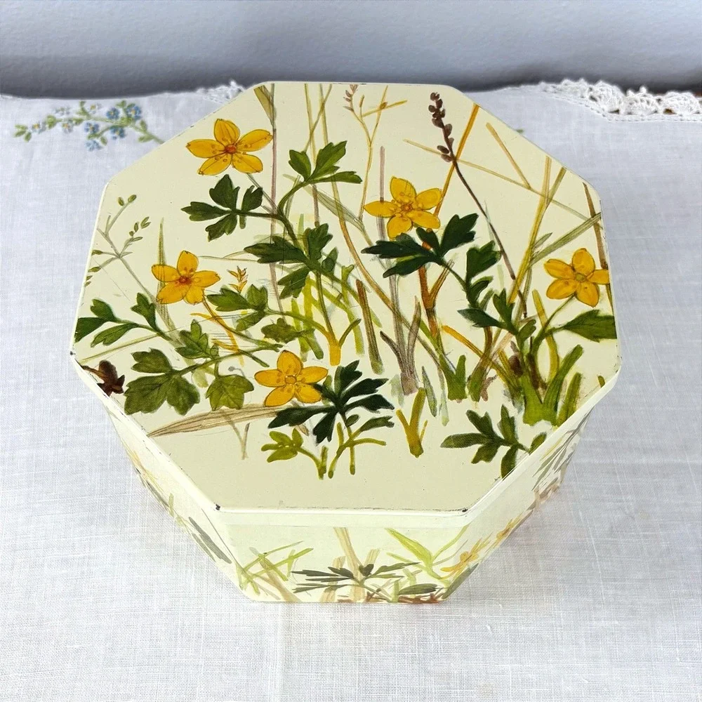 Vintage Ira Denmark Octagonal Metal Tin Yellow Wildflowers Botanical MCM Cream